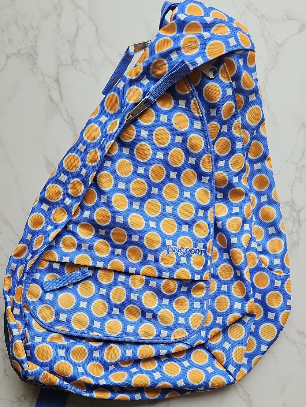 JanSport Kids Boardwalk Sling Backback in White and Fiji Orange Double Dot NWT